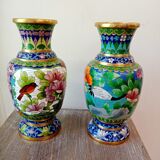 Pair of Asian vases floral motifs and partitioned bronze birds