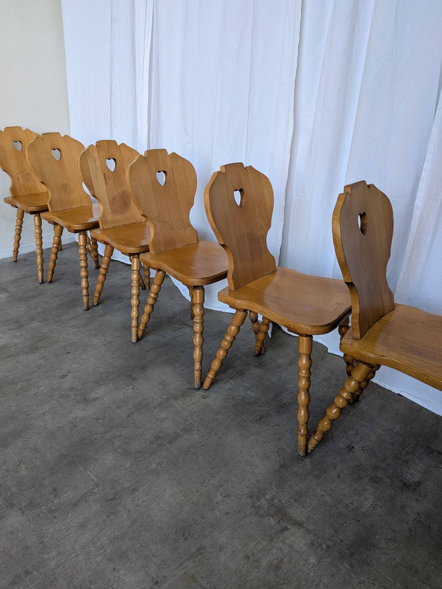 Set of 6 Vintage Tyrolean Heart Cutout Wooden Dining Chairs, Farmhouse