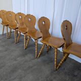 Set of 6 Vintage Tyrolean Heart Cutout Wooden Dining Chairs, Farmhouse