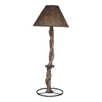 Liane and metal floor lamp with perforated leather shade featuring elephant patterns, lise.