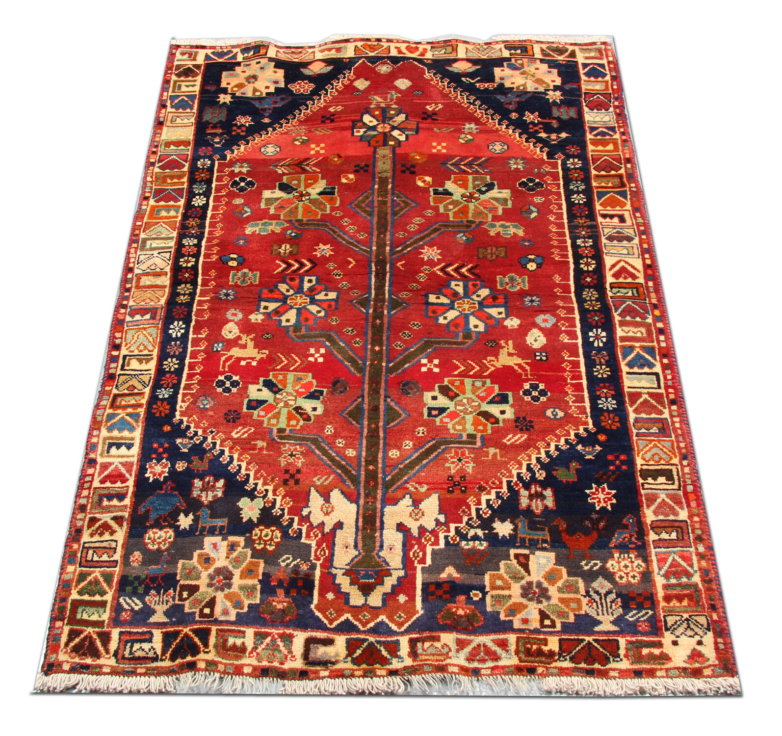 Tapis tribal persan traditionnel fait à la main Tapis de salon en laine rouge bleue - 111x165cm