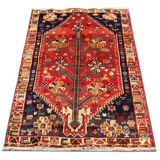 Tapis tribal persan traditionnel fait à la main Tapis de salon en laine rouge bleue - 111x165cm