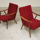 Pair of burgundy boomerang armchairs Antonin Suman Ton Bystrice (Thonet)