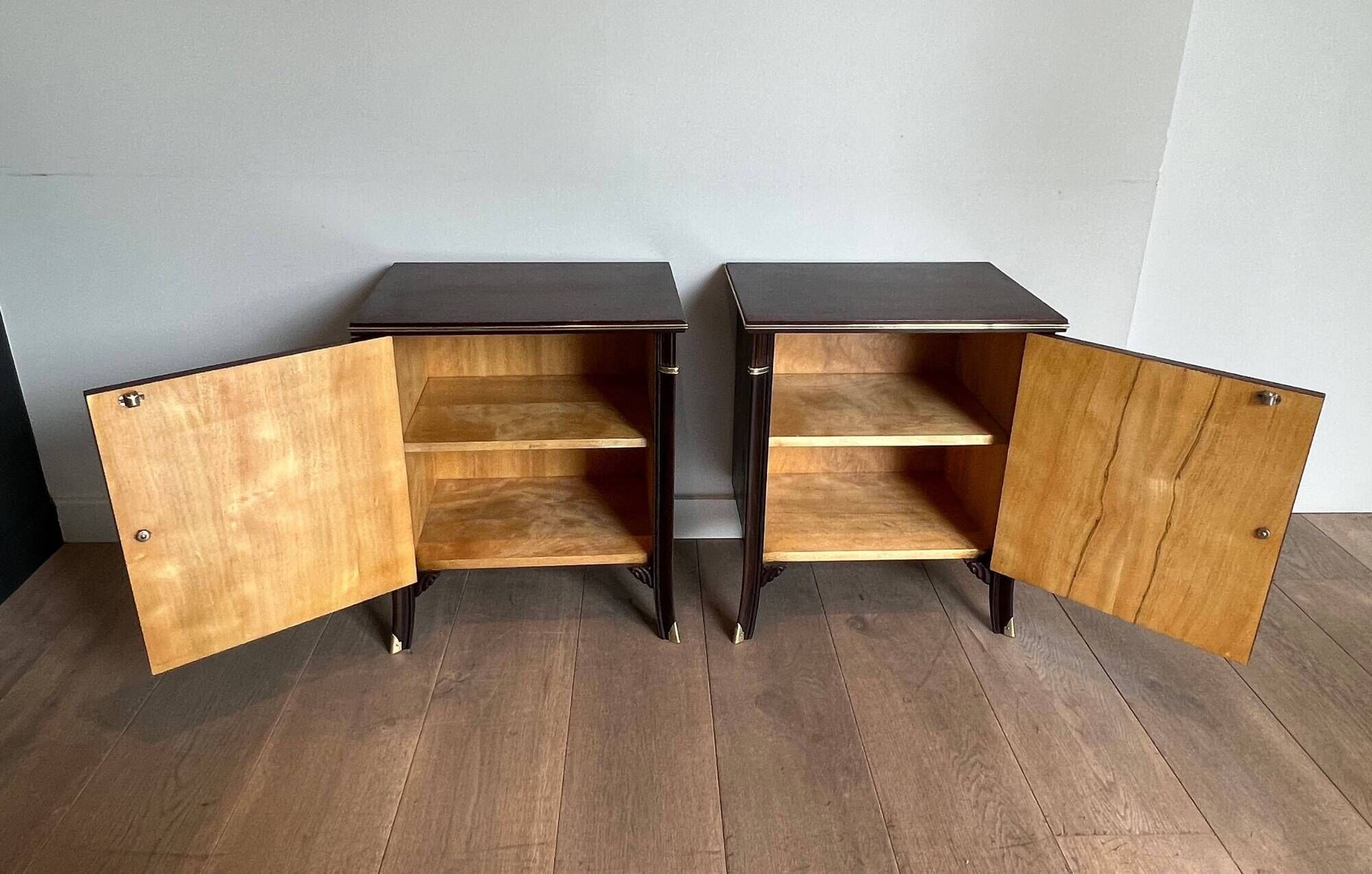 Pair of Occasional Tables with Mahogany Doors and Brass Inlays. Work F