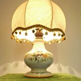 Old ceramic table lamp from Vieux Rodez, floral base, fabric lampshade 3198