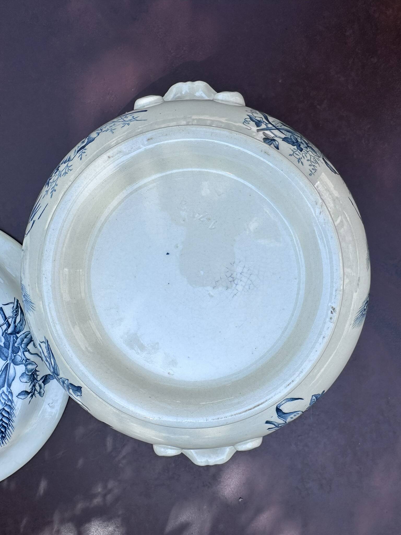 Antique soup tureen, Keller Lunéville earthenware, stamped K, blue decoration.
