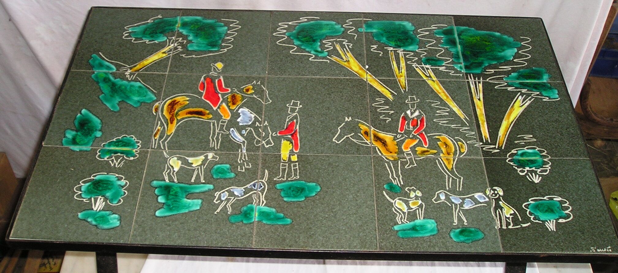 1970s metal and ceramic coffee table with hunting decor, signed