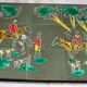 1970s metal and ceramic coffee table with hunting decor, signed