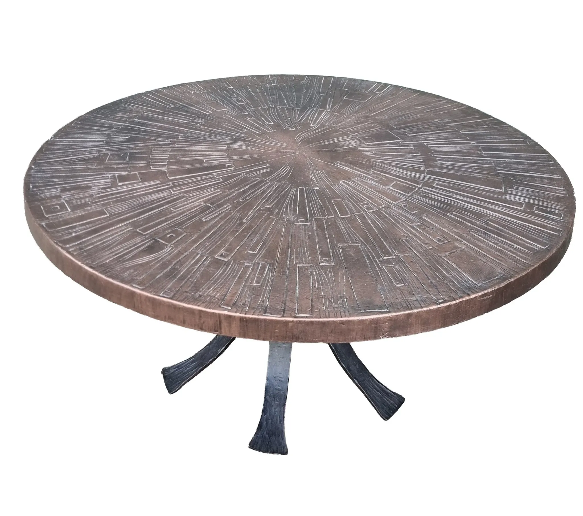 Brutalist wrought iron round coffee table with bronze-coloured top – 1970s