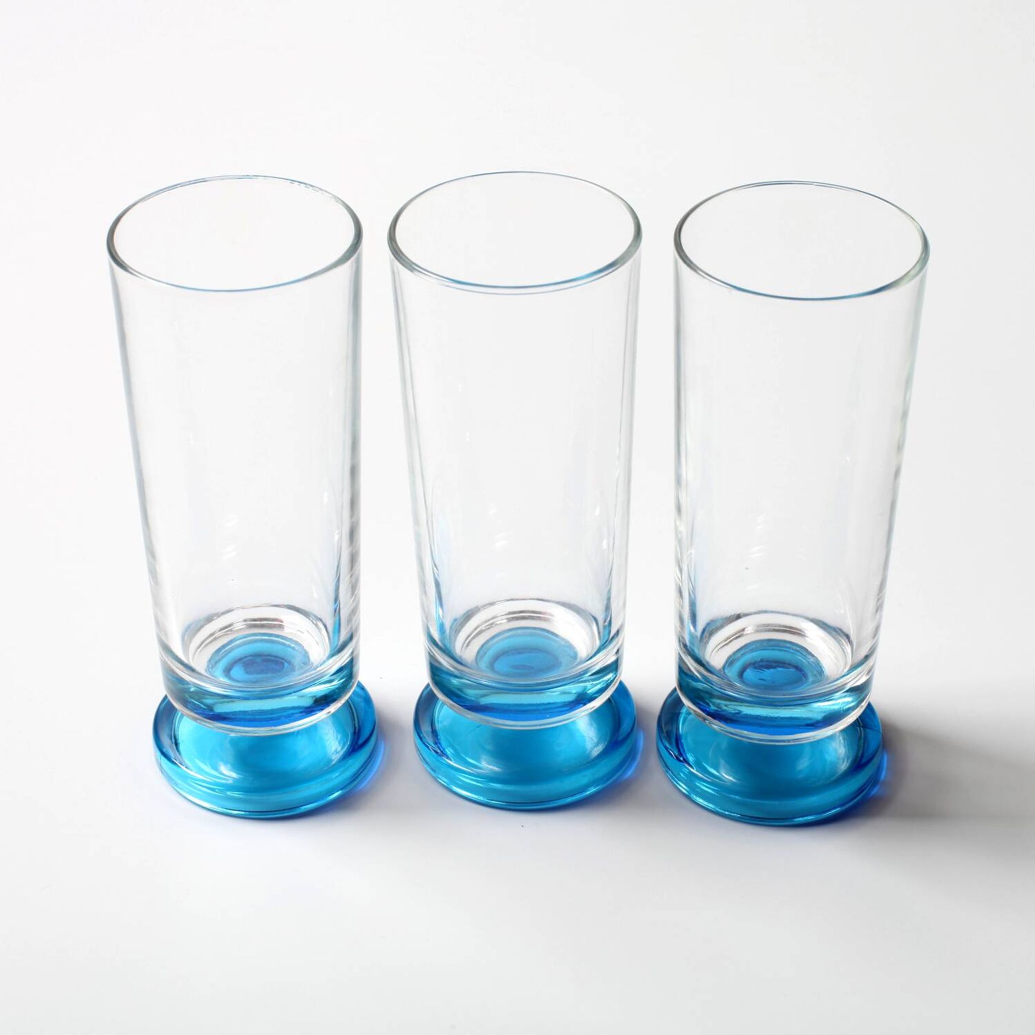 Set of 3 Vintage Blue-Footed Glasses / Mid-century Rare Tall Tumblers