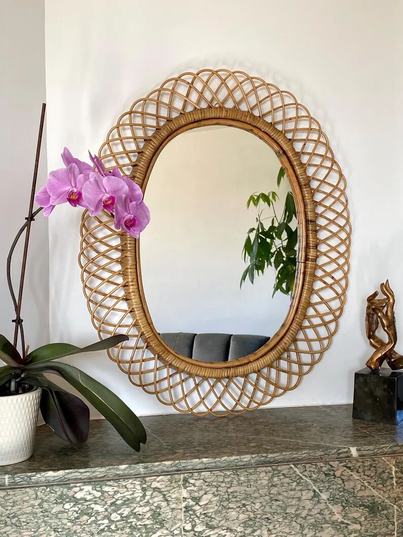 Large mirror by Franco Albini in rattan and bamboo, Italy 1960s.