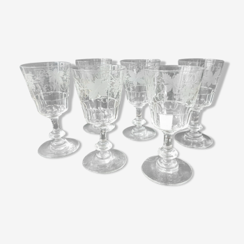 6 St. Louis crystal wine glasses engraved vine leaves