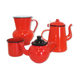 Set pichet & théière en métal émaillé orange et noir 1950s, set de 4