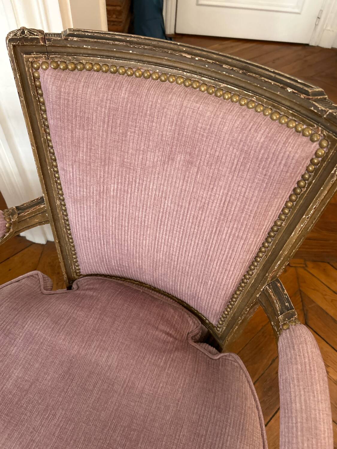 pair of antique Louis XVI style armchairs, in carved wood with a