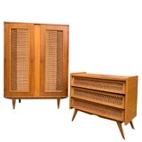 Rattan wardrobe and its compass-legged chest of drawers, 1960