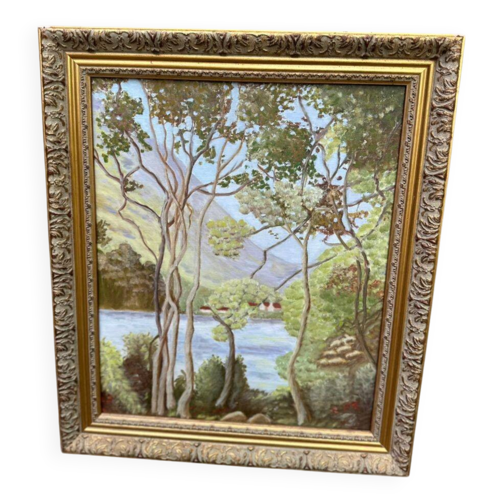 Landscape painting of a lakeside from the 20th century, 56x48cm.