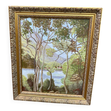 Landscape painting of a lakeside from the 20th century, 56x48cm.