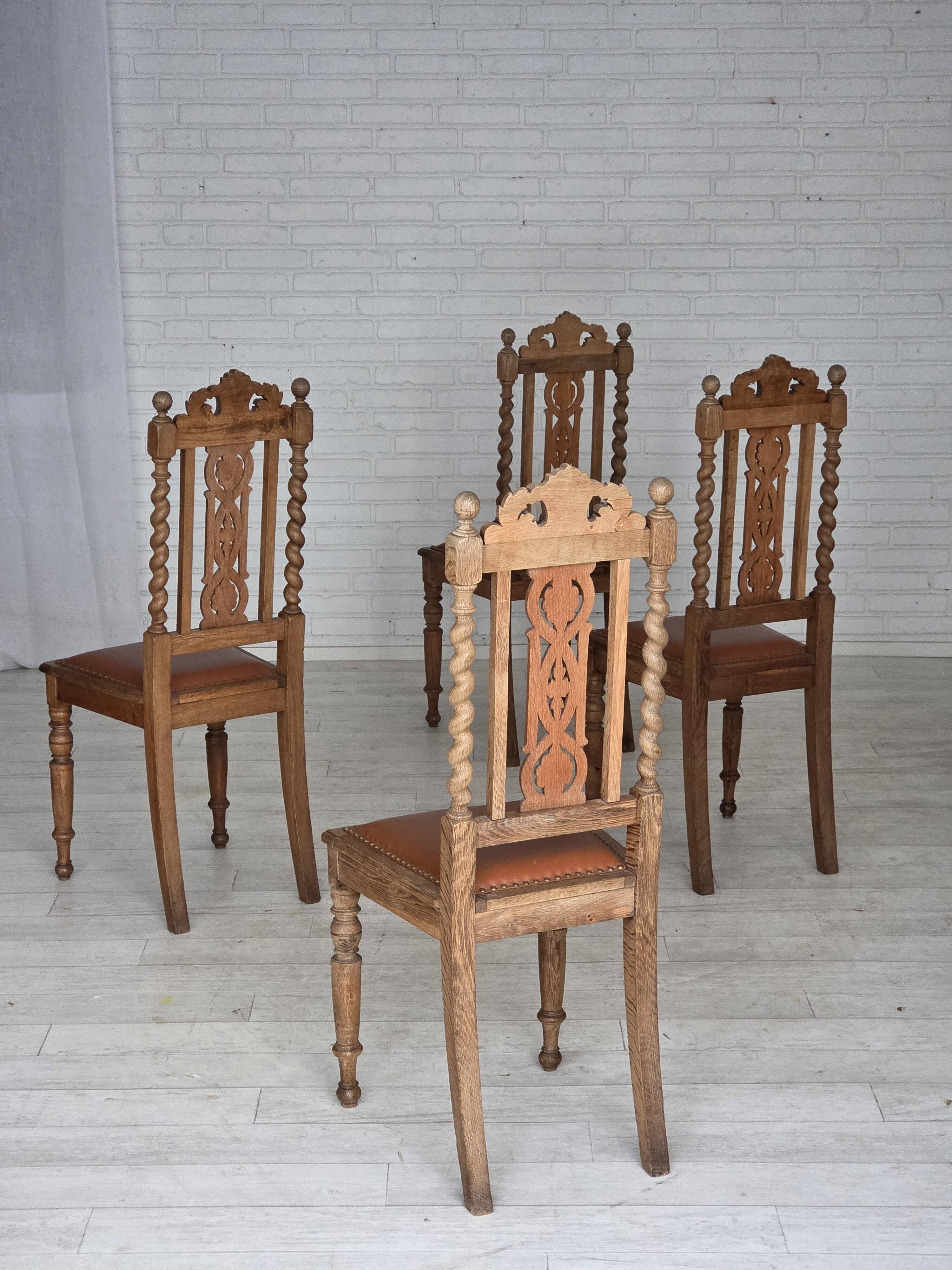 1930s, set of 4 Danish dining chairs, carved oak wood, furniture leather.