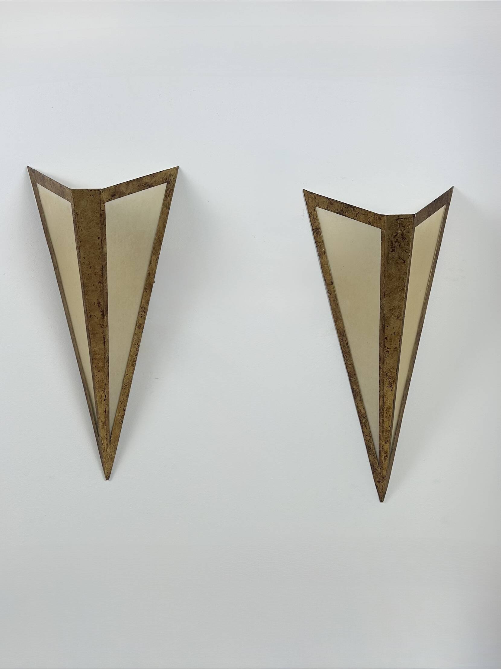 Pair of XL vintage wall lights in gilded metal and parchment, France, 1970.