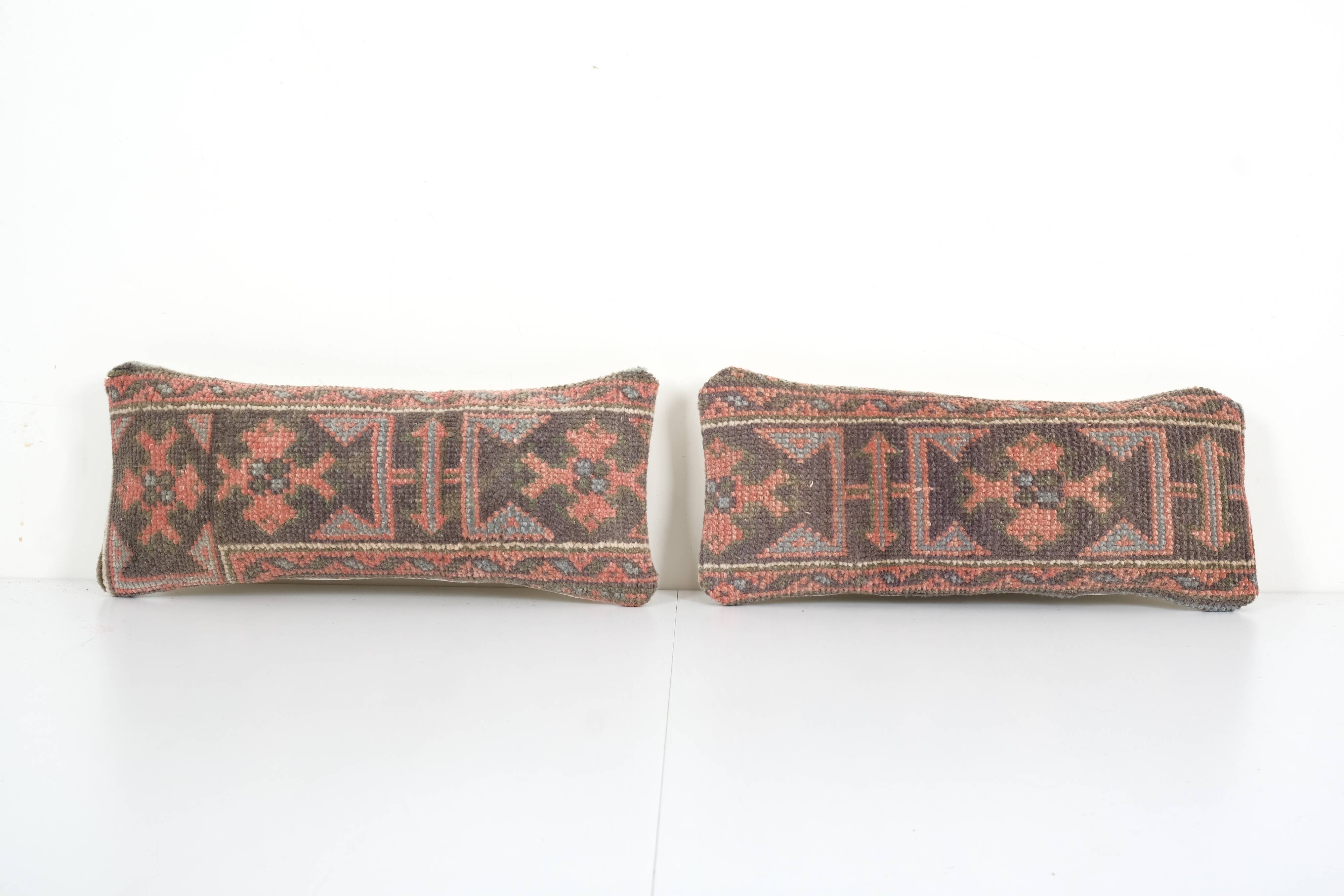 Organic wool muted brown carpet rug pillow, set of two faded ethnic turkish yastik pillow