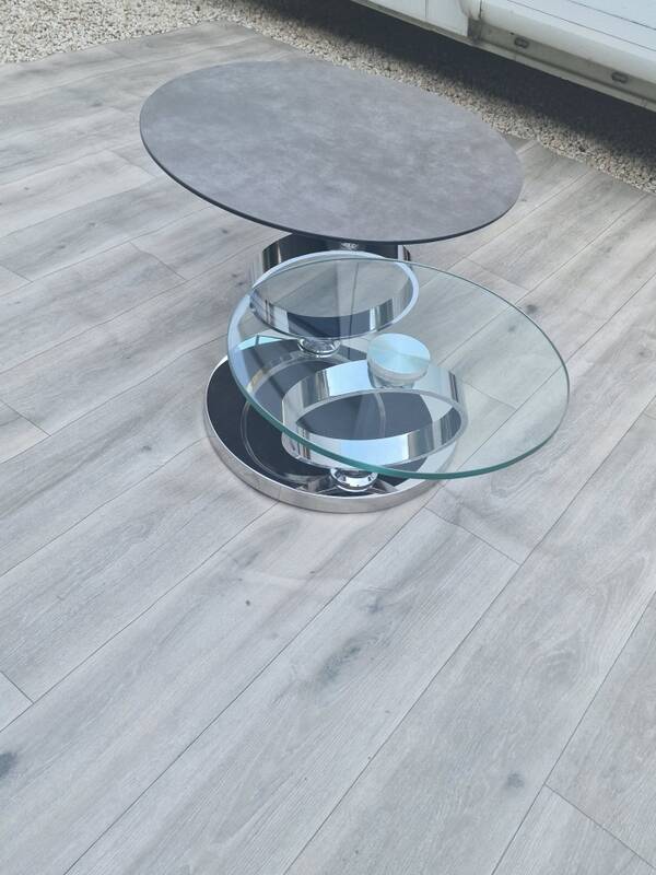 Olympe table with swivel tops in glass and gray ceramic