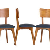 Set de 3 chaises vintage 1960 Monobloc pieds compas et skaï bleu canard