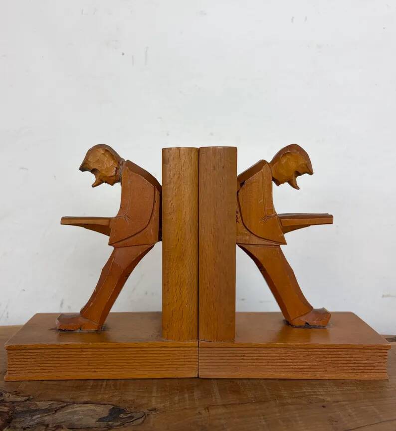 Vintage Mid-Century Cubist German Carved Wood Bookends – Art Deco Style