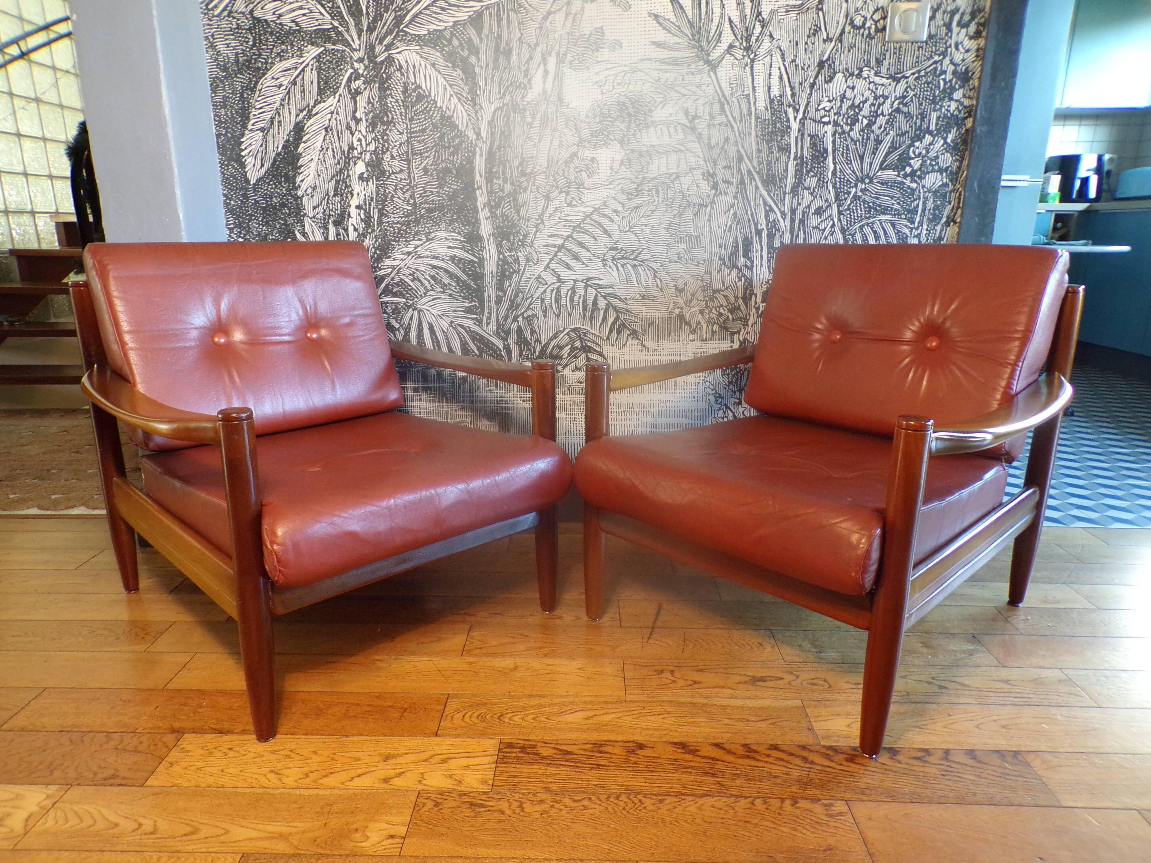 Pair of Scandinavian teak and leather armchairs