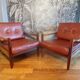 Pair of Scandinavian teak and leather armchairs