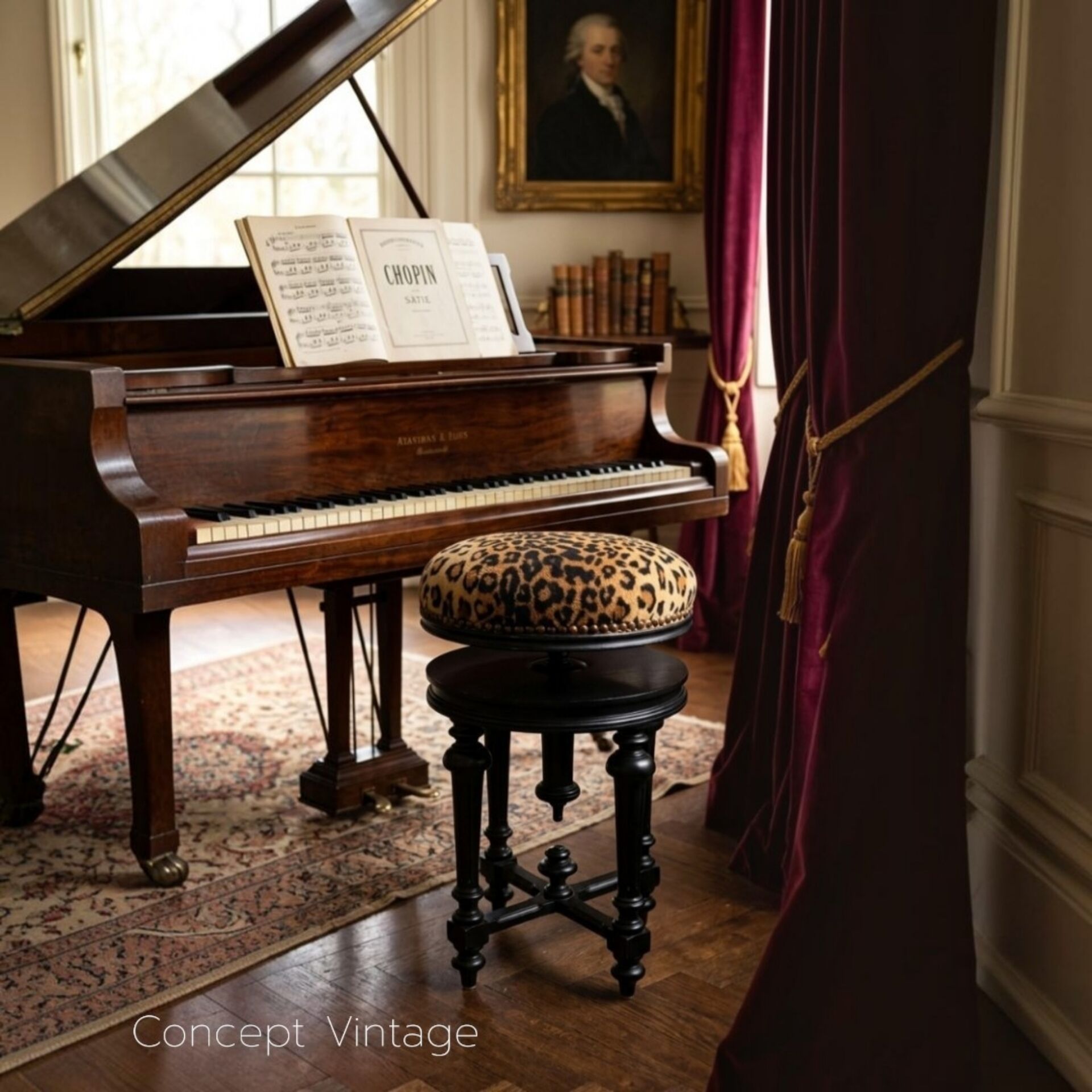Napoleon III piano stool in blackened wood – Leopard seat