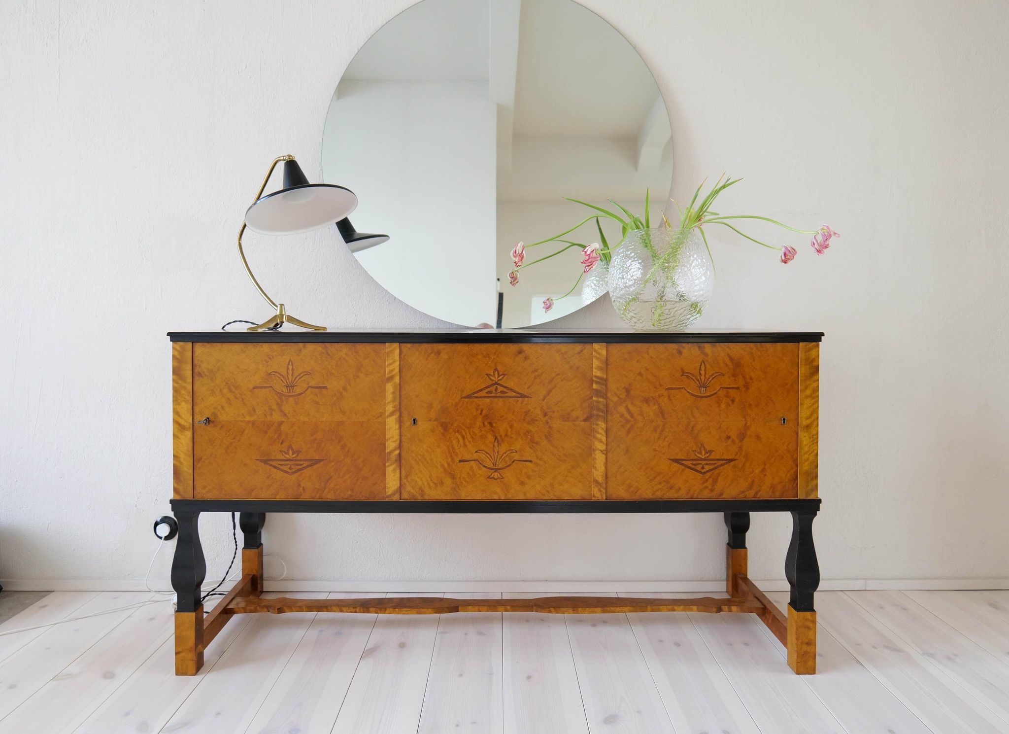 Brass table lamp on a tripod in modern Swedish style, Sweden, 1950.