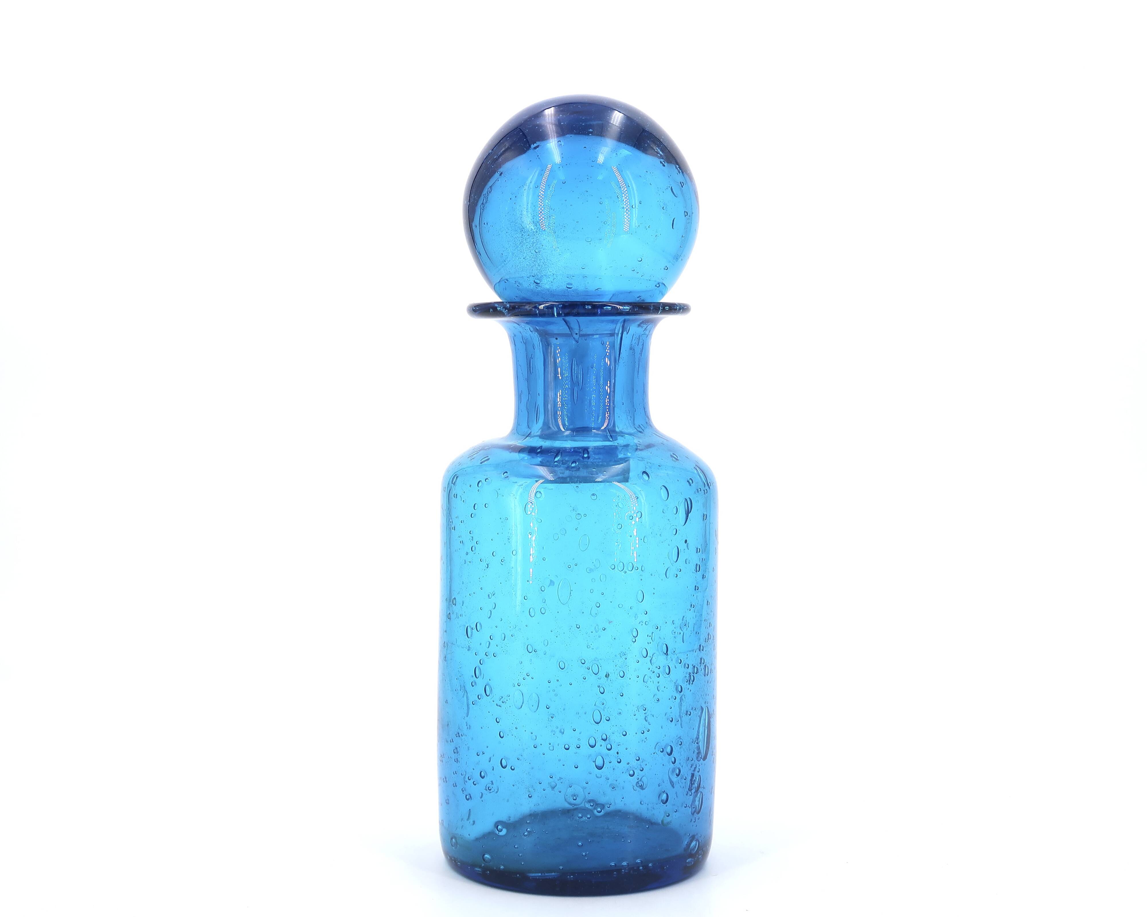 Blue bubbled glass carafe from Portieux, 1970s