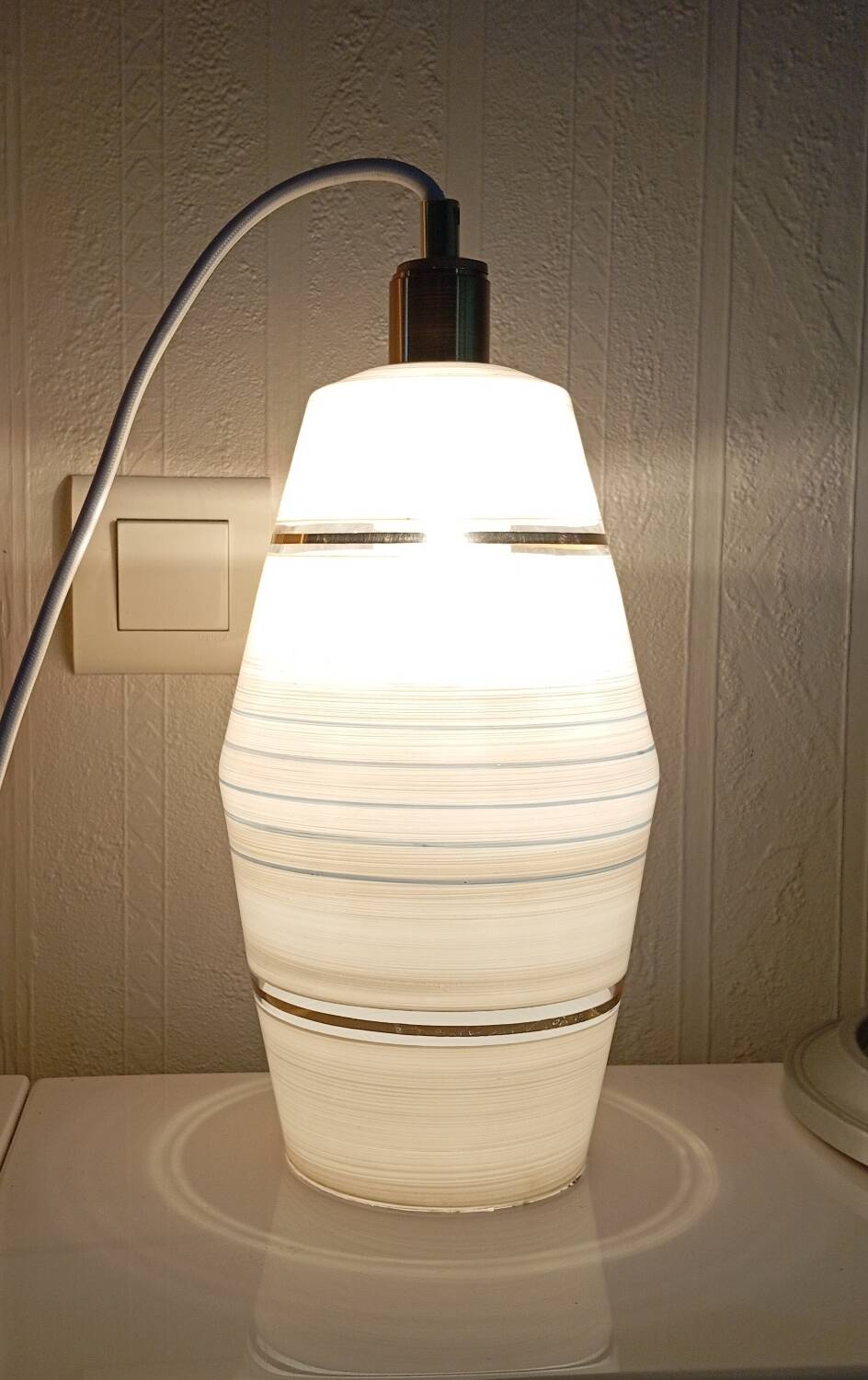 Mid century art deco pendant light fixture, gold striped glass, azure blue