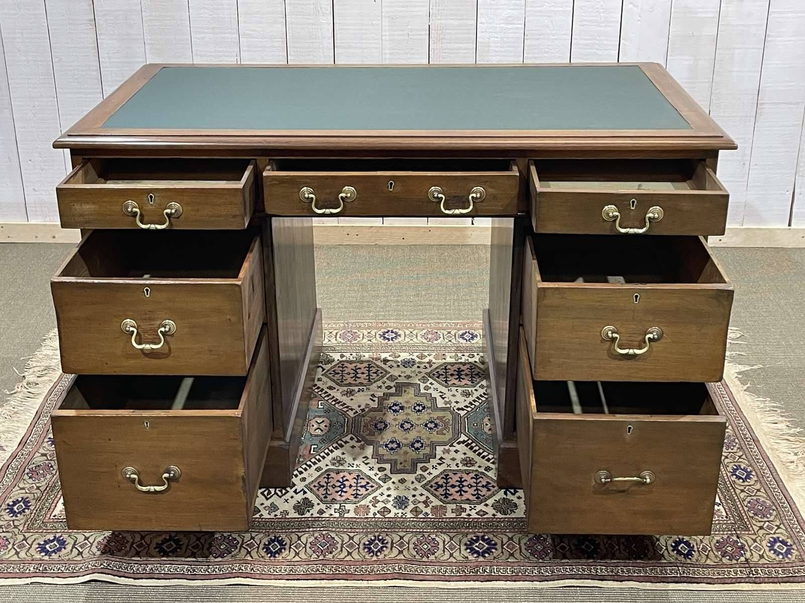 Late 19th century English mahogany desk with pedestals and leather top