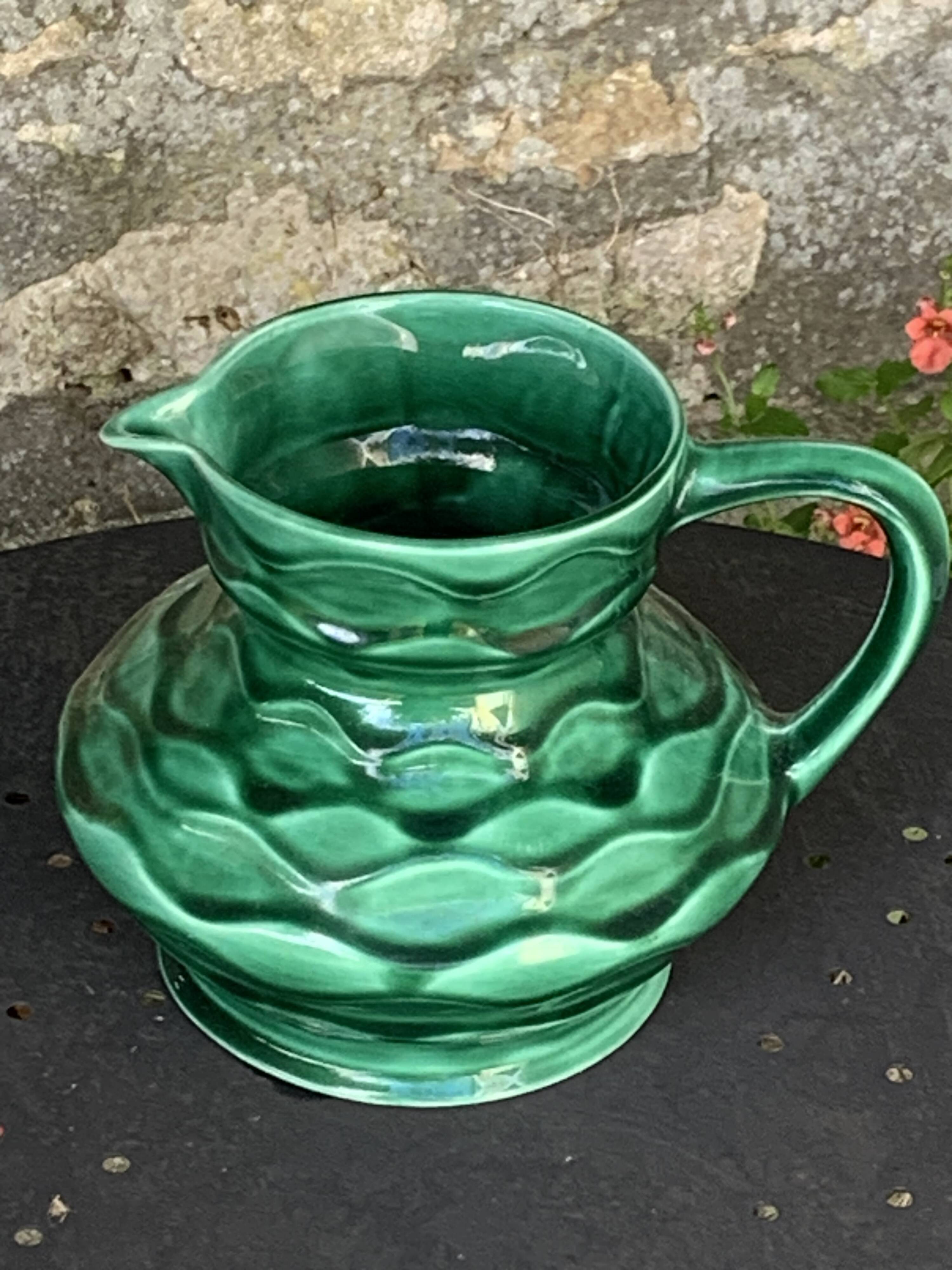 Carafe, pitcher in enamelled ceramic, slip, green, numbered 6183, vintage