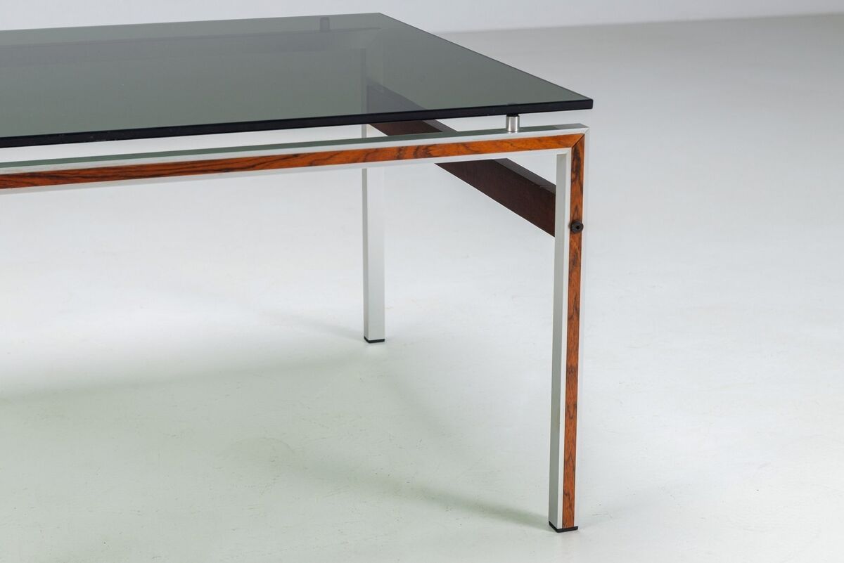 Scandinavian coffee table in metal, teak and smoked glass Denmark 1960