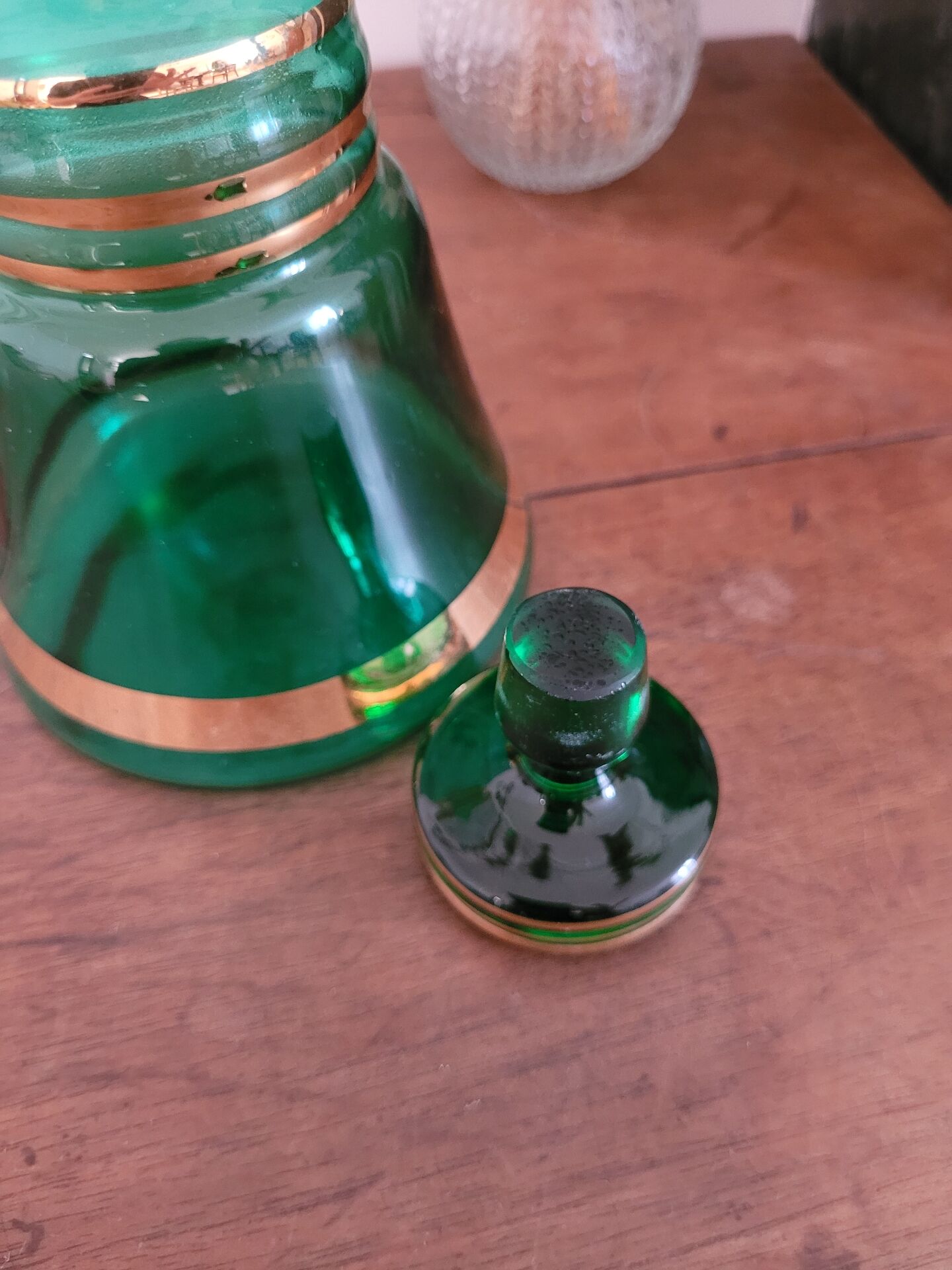 Green and gold glass carafe
