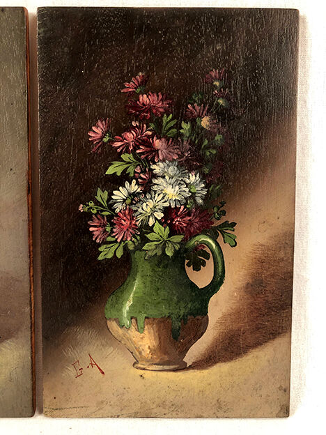 Pair of miniatures, oils on panel, bouquets of flowers