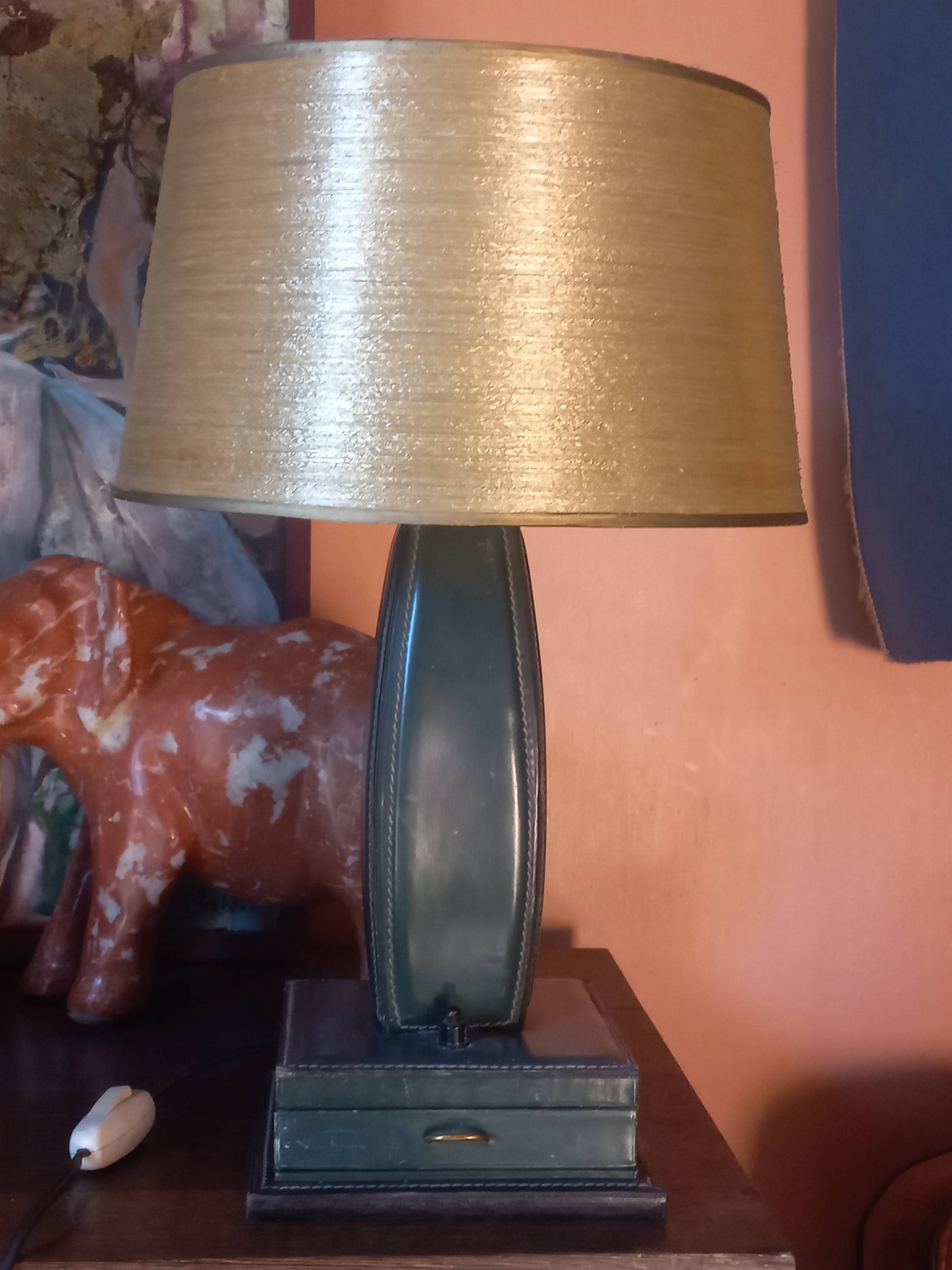 Vintage leather desk lamp with saddle stitching from the 1960s.