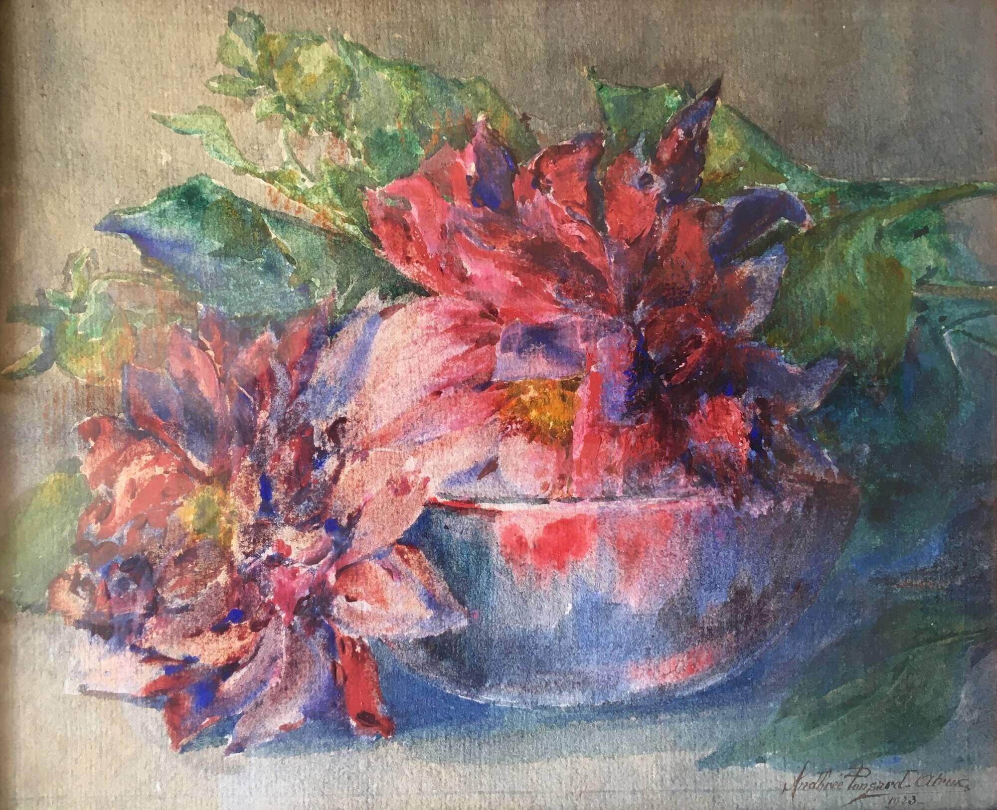 Painting Of Andhrée Ponsard (19th-XX century) Watercolor of 1923 flowers - frame