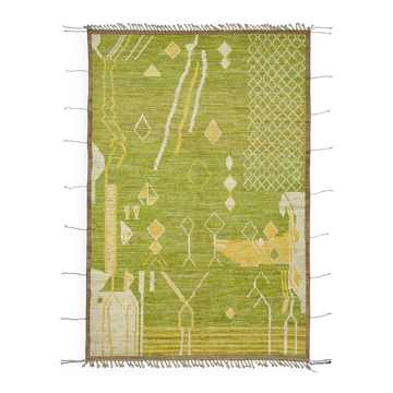 Tapis turc en laine verte fait main, pièce unique, 203 cm x 303 cm