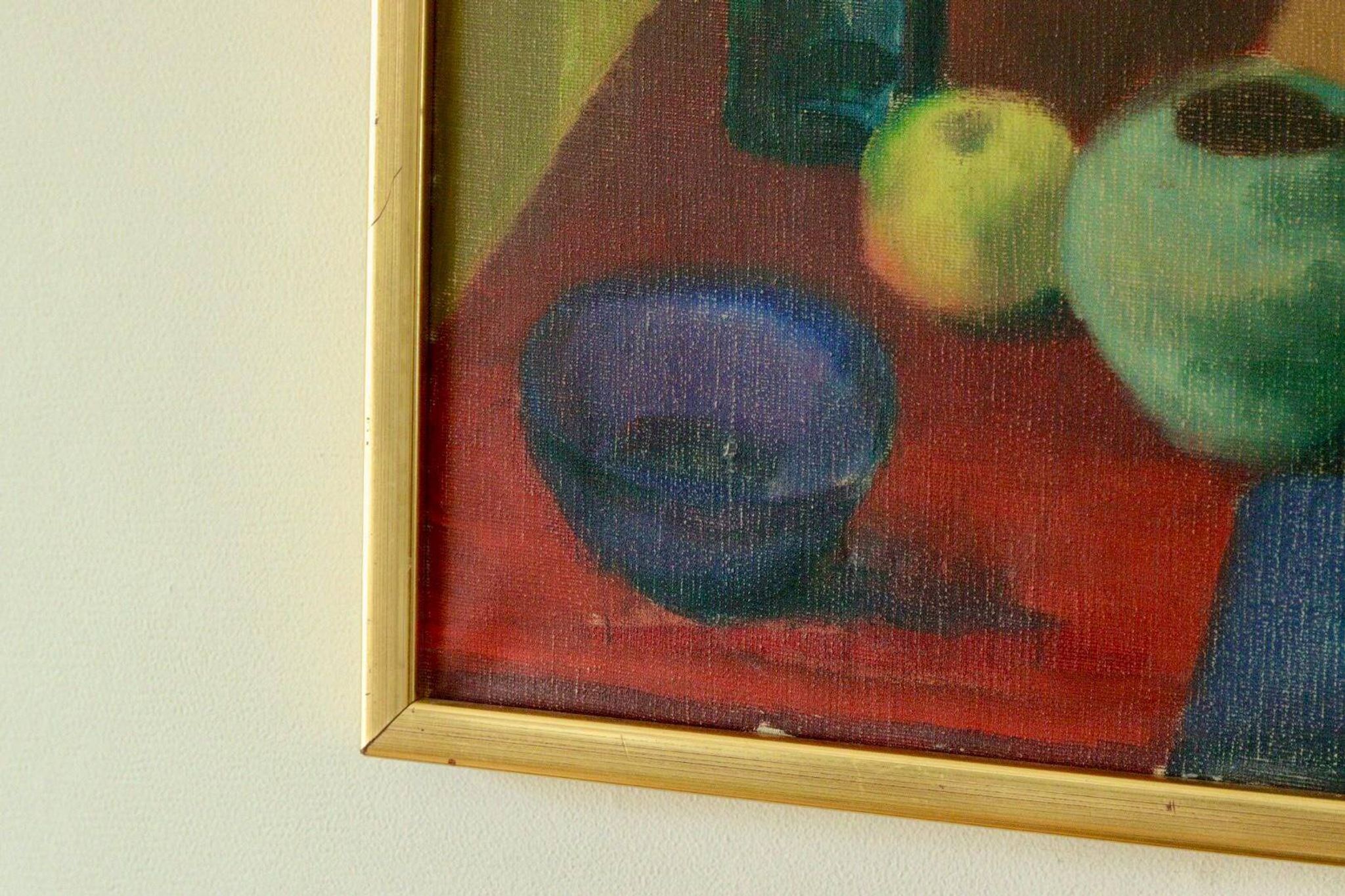 Oil on Swedish canvas "Still Life 'Bottles and Apples', Hugo Olson"