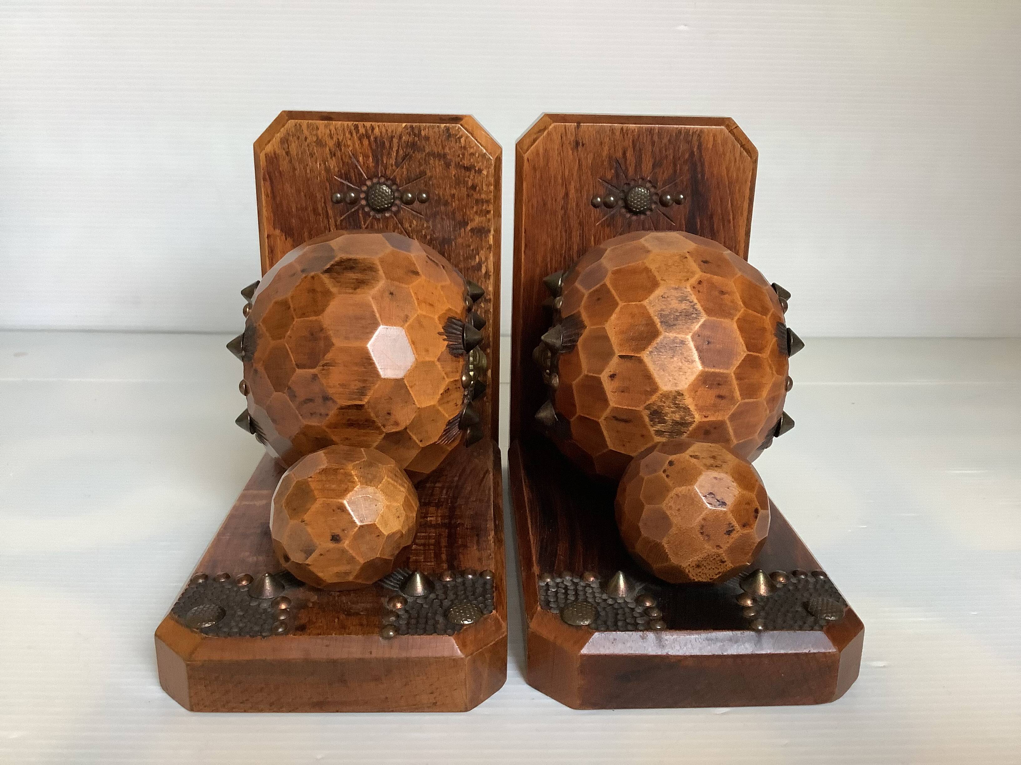 Pair of wooden ball bookends