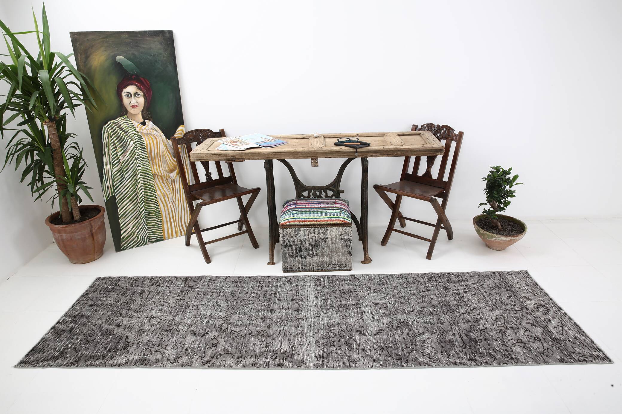 3x11 Rug For Farmhouse Hallway Gray Vintage Runner Rug, 84x291Cm