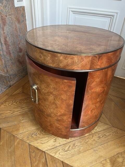 Drum side table in wood burl with door