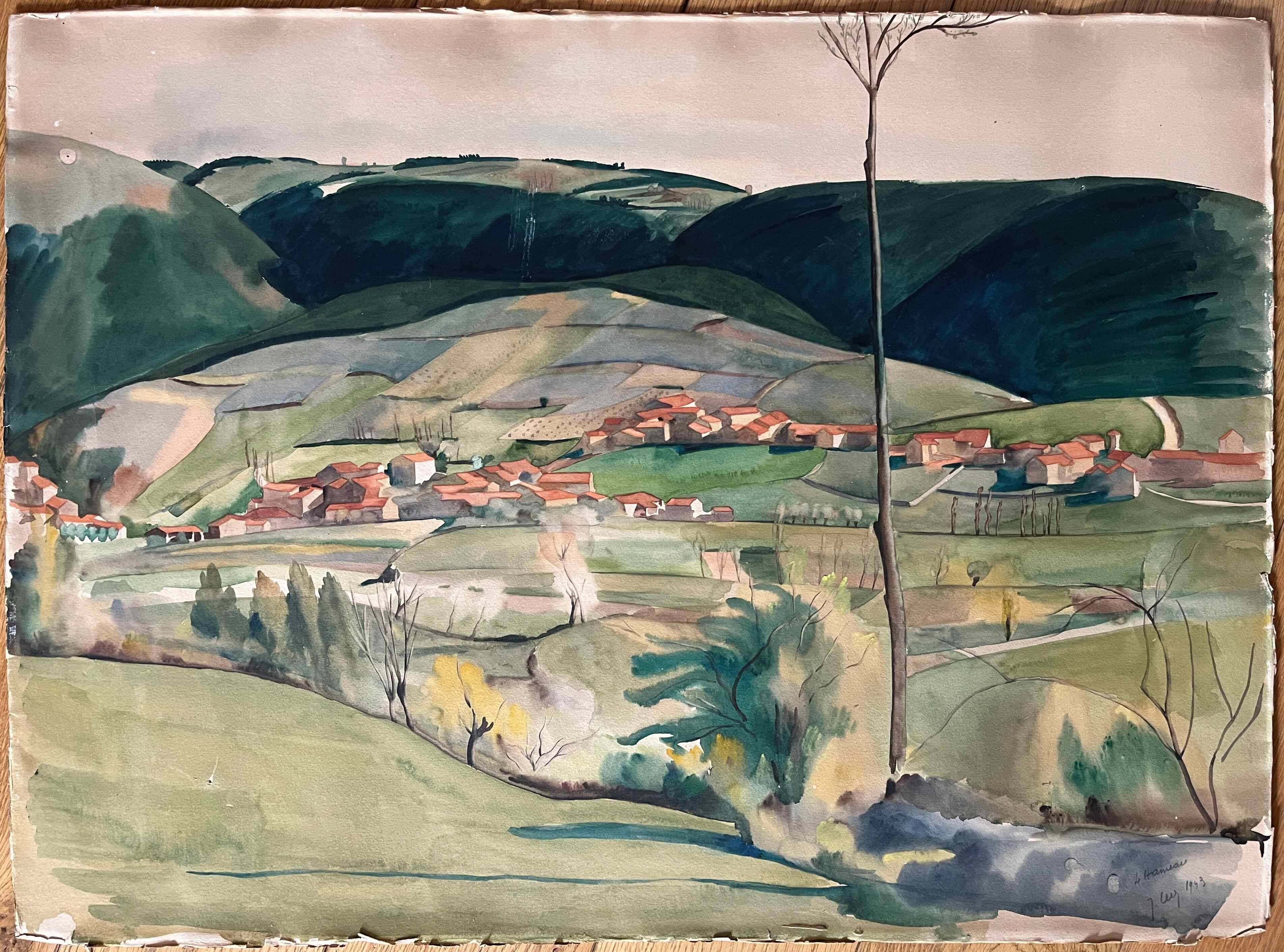 Large Watercolor Painting "Le Hameau" post-cubist landscape signed J. Ley 1943