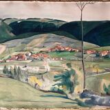 Large Watercolor Painting "Le Hameau" post-cubist landscape signed J. Ley 1943
