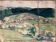 Large Watercolor Painting "Le Hameau" post-cubist landscape signed J. Ley 1943