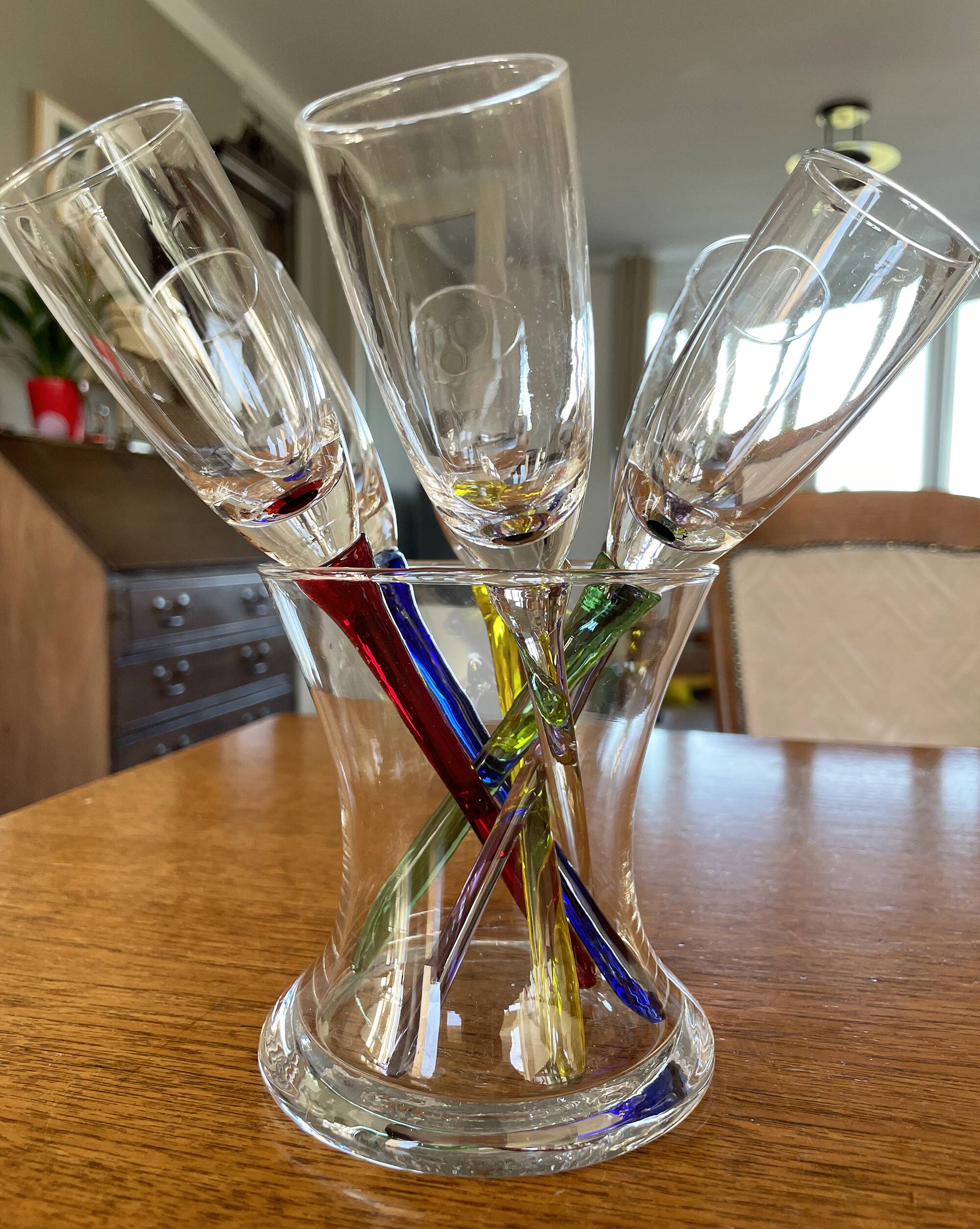 Set of 6 Vintage Champagne Flutes with Stand, German Handblown Glass