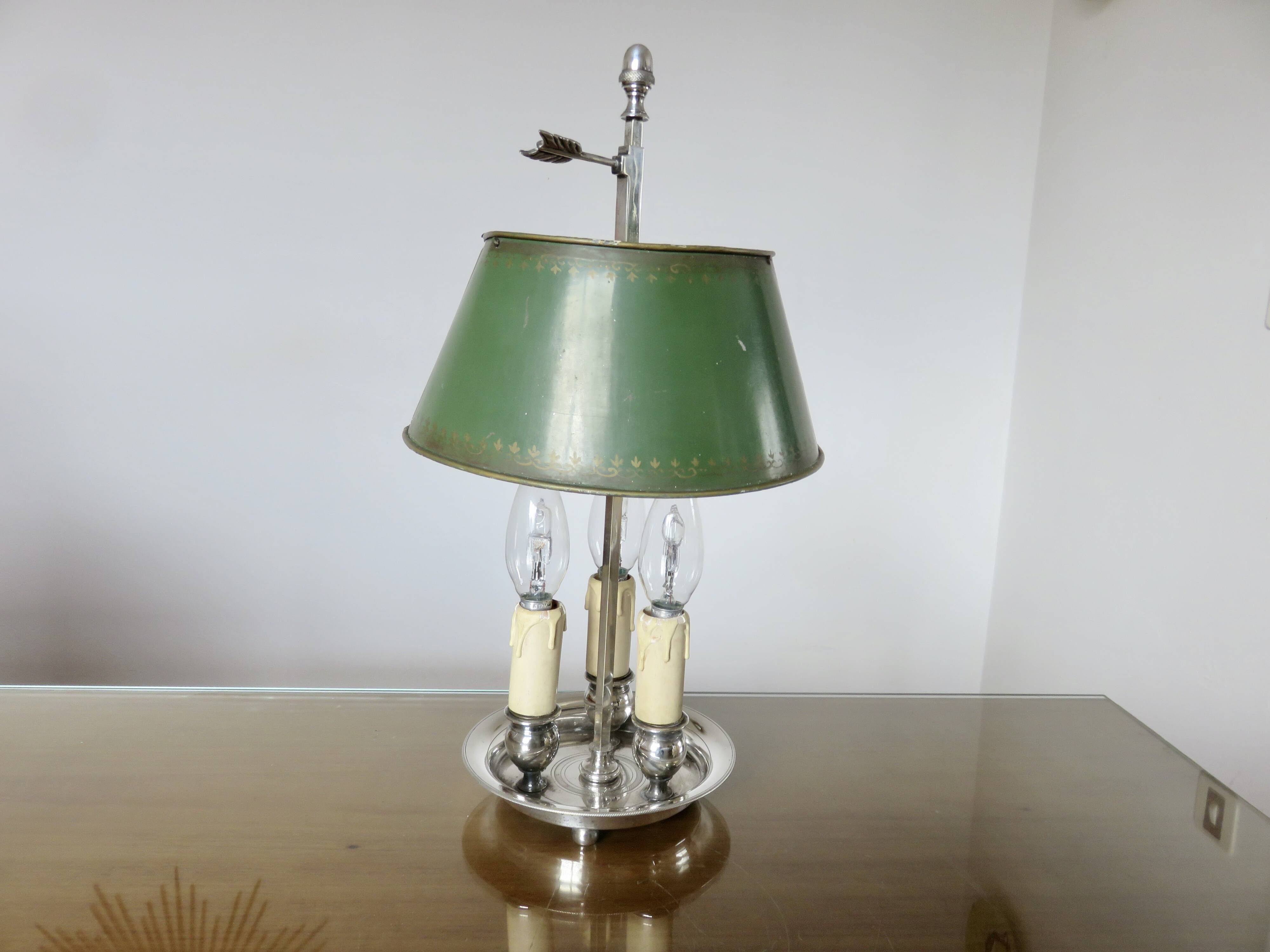 Authentic antique bouillotte lamp in chrome bronze with 3 lights, 1930s.